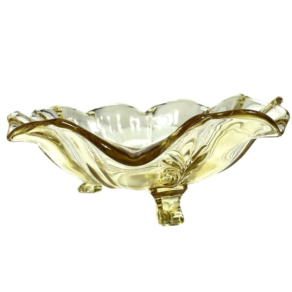 Vintage Fostoria Glass Topaz Yellow BAROQUE Footed Bowl 7"